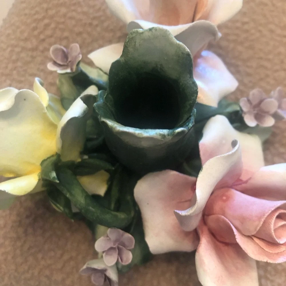 Vintage Capodimonte Yellow Rose Floral Accent with Green Leaves Candleholder